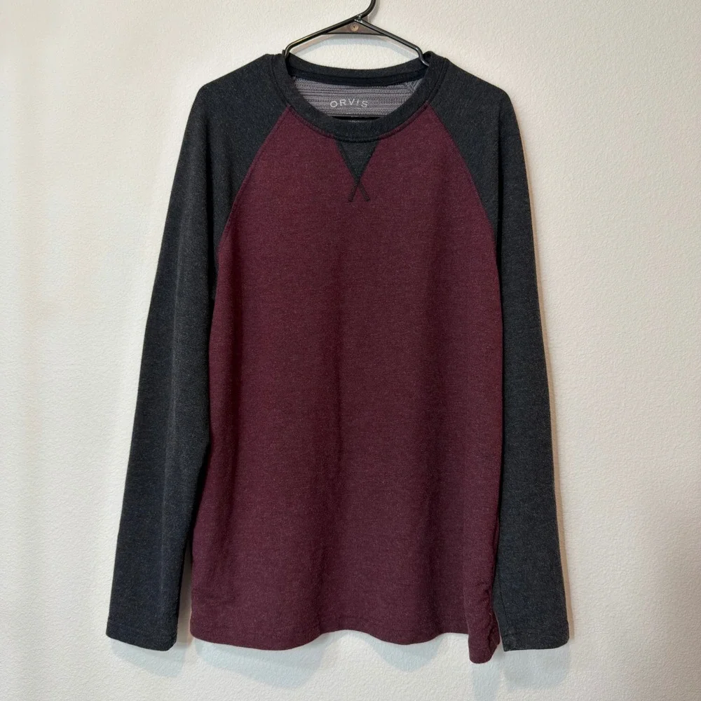 Orvis Raglan Long Sleeve Shirt Mens Large Burgundy Grey Good Colorblock